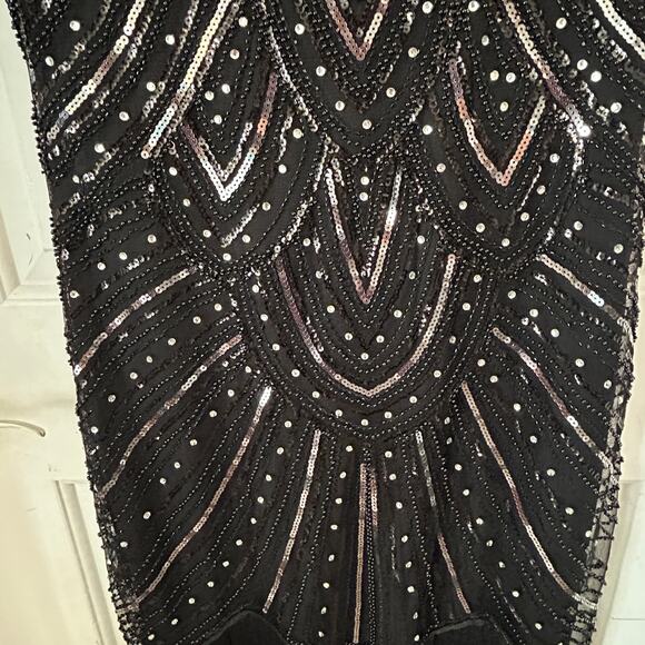 Pretty Guide 2XL Black Bead Silver Sequin Dress Cap Sleeve Fringe Bottom Lined - Picture 16 of 16